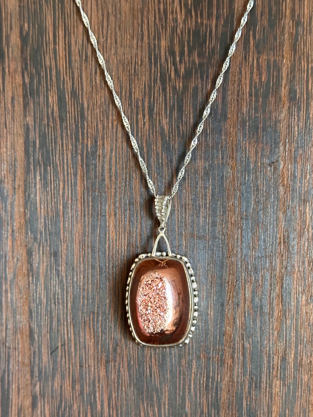 Rose Gold Druzy Pendant Necklace in Sterling Silver Setting